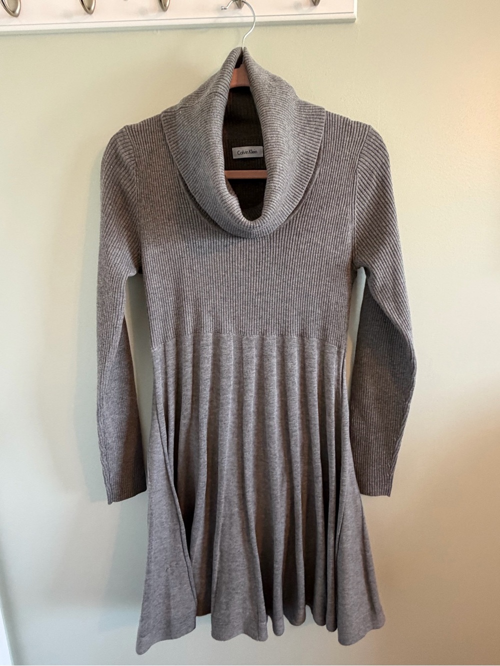 Calvin Klein Gray Ribbed Cowl-Neck Sweater Dress